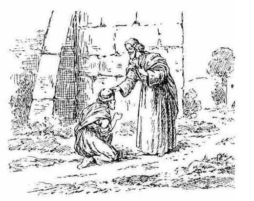 A leper pays homage to Jesus. Public domain