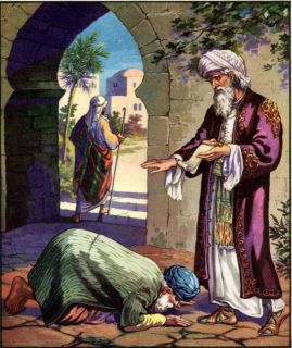 "The slave fell down and did obeisance to him". Taken from a Bible Story book now in the public domain.